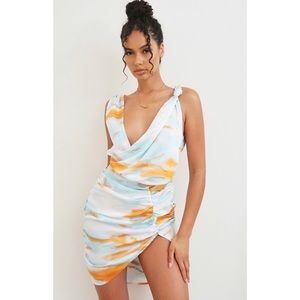 PrettyLittleThing - Multi Tie Dye Satin Plunge Wrap Ruched Bodycon Dress Size 6